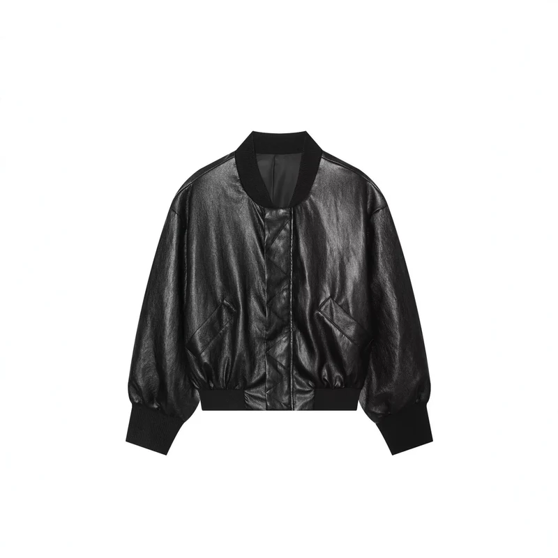 Damen Cropped Leder-Bomberjacke mit geripptem Saum und Pattentaschen Drune