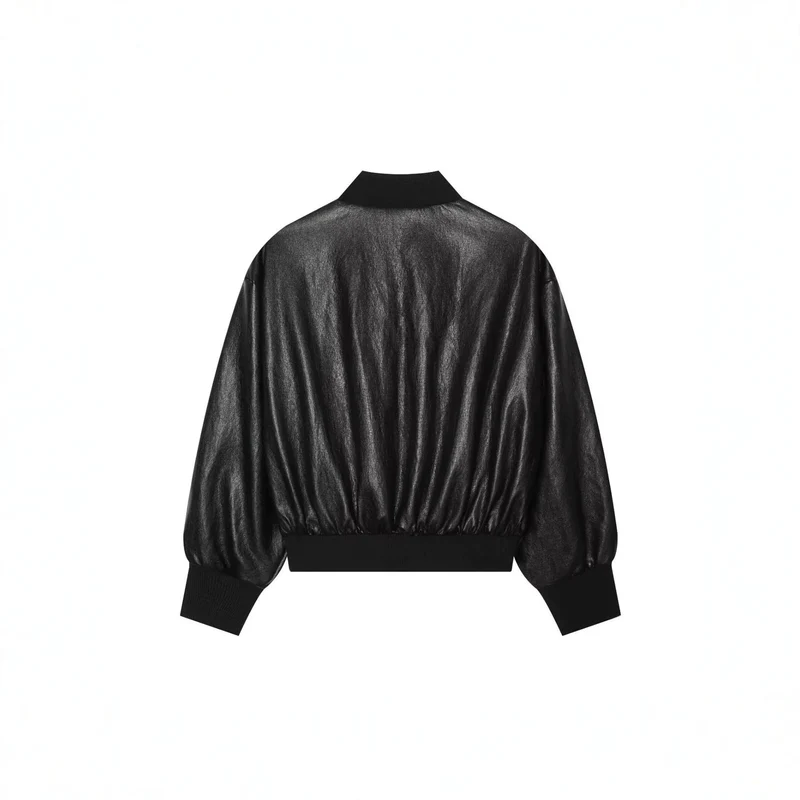 Damen Cropped Leder-Bomberjacke mit geripptem Saum und Pattentaschen Drune