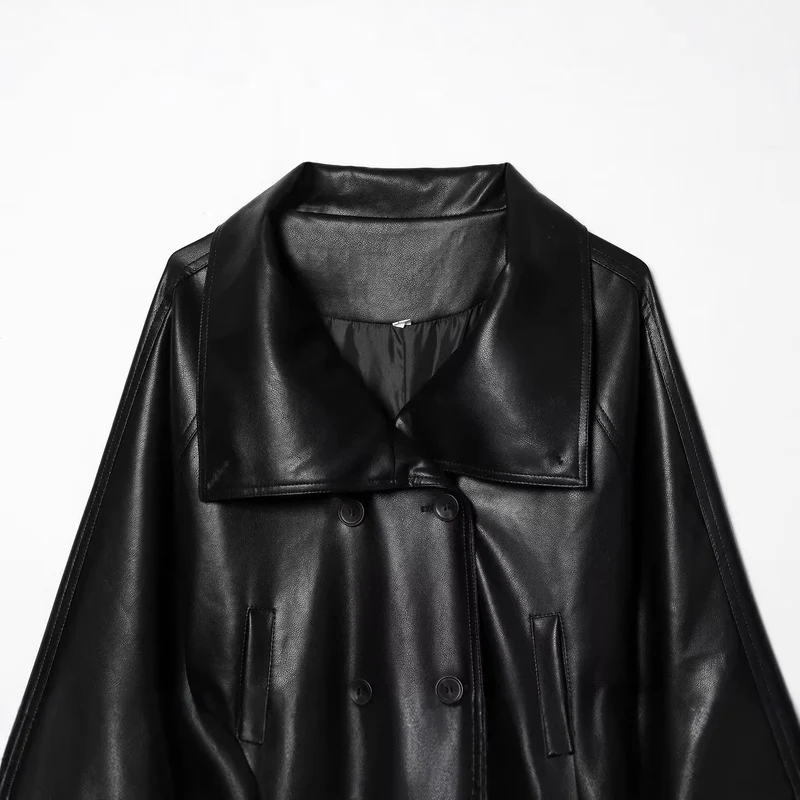 Damen Cropped Kunstleder‑Trenchjacke im Boxy‑Schnitt mit übergroßem Schalkragen und Bindegürtel Drune