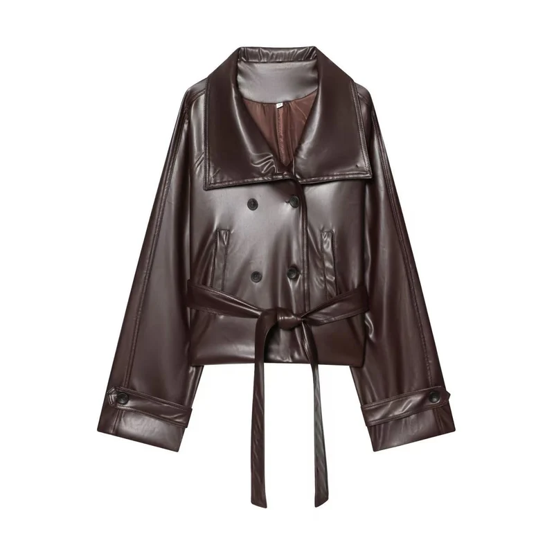 Damen Cropped Kunstleder‑Trenchjacke im Boxy‑Schnitt mit übergroßem Schalkragen und Bindegürtel Drune