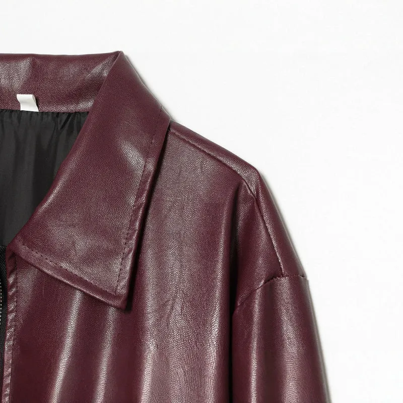 Damen Cropped Kunstleder-Bomberjacke mit Hemdkragen und elastischem Saum Drune