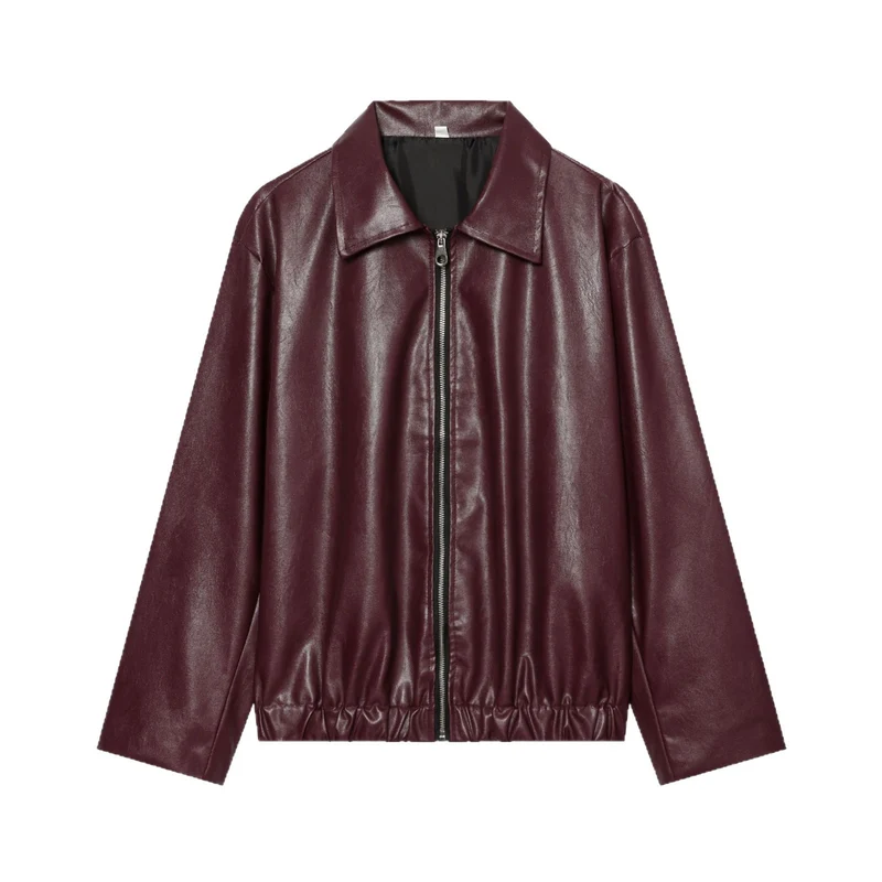 Damen Cropped Kunstleder-Bomberjacke mit Hemdkragen und elastischem Saum Drune