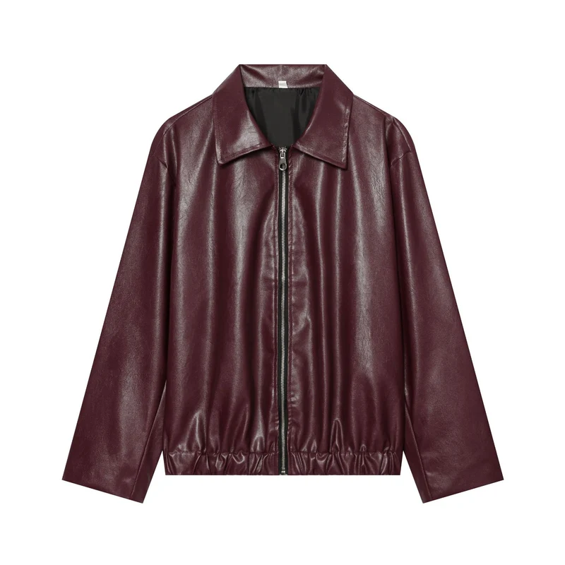 Damen Cropped Kunstleder-Bomberjacke mit Hemdkragen und elastischem Saum Drune