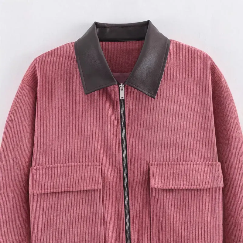 Damen Cropped-Kord-Strickjacke mit markanter Rippenstruktur, Kunstleder-Umlegekragen und Pattentaschen Drune