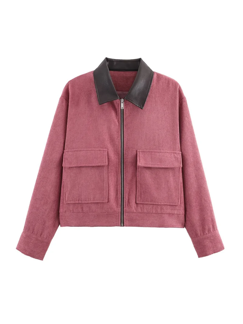 Damen Cropped-Kord-Strickjacke mit markanter Rippenstruktur, Kunstleder-Umlegekragen und Pattentaschen Drune
