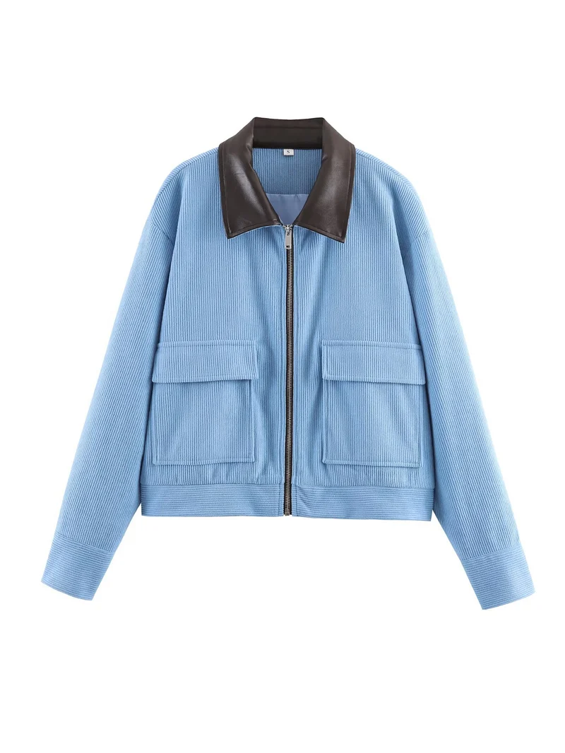 Damen Cropped-Kord-Strickjacke mit markanter Rippenstruktur, Kunstleder-Umlegekragen und Pattentaschen Drune