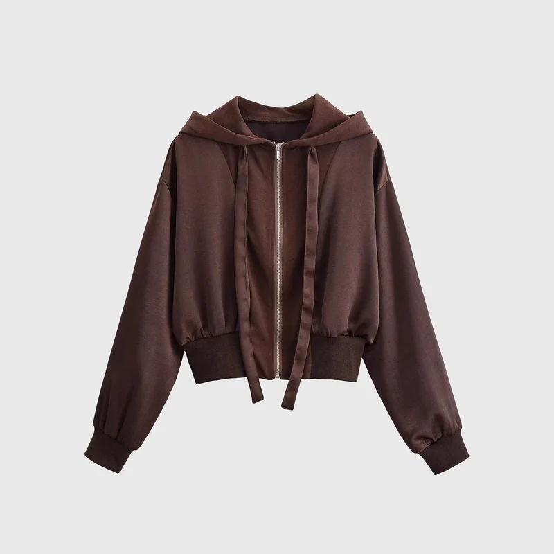 Damen Cropped Kapuzenjacke mit Reißverschluss, übergroßen Ärmeln und breitem Rippbund Drune