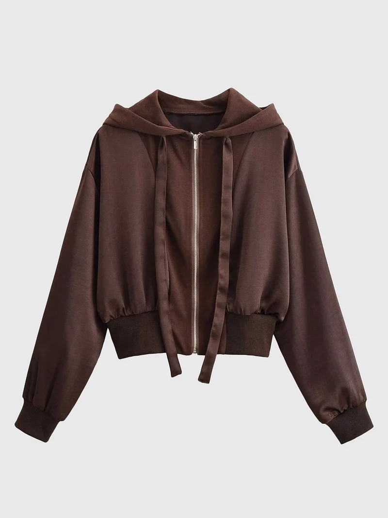 Damen Cropped Kapuzenjacke mit Reißverschluss, übergroßen Ärmeln und breitem Rippbund Drune