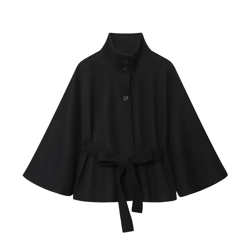 Damen Kurzes Wollcape mit Stehkragen, Bindegürtel und A‑Linien‑Silhouette Drune