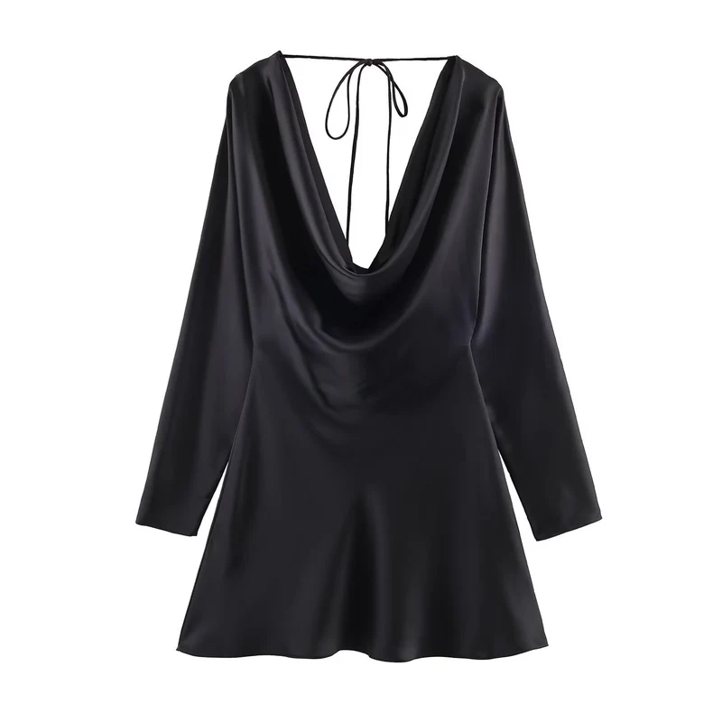 Damen Kurzes Satin-Minikleid mit tiefem Wasserfall‑Rücken, V‑Ausschnitt vorne und langen Ärmeln Drune