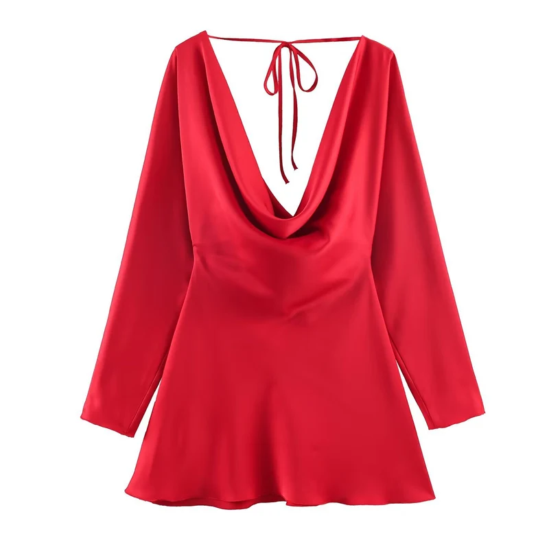 Damen Kurzes Satin-Minikleid mit tiefem Wasserfall‑Rücken, V‑Ausschnitt vorne und langen Ärmeln Drune