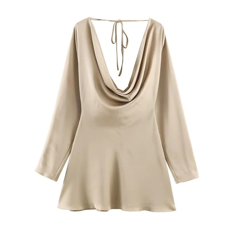 Damen Kurzes Satin-Minikleid mit tiefem Wasserfall‑Rücken, V‑Ausschnitt vorne und langen Ärmeln Drune