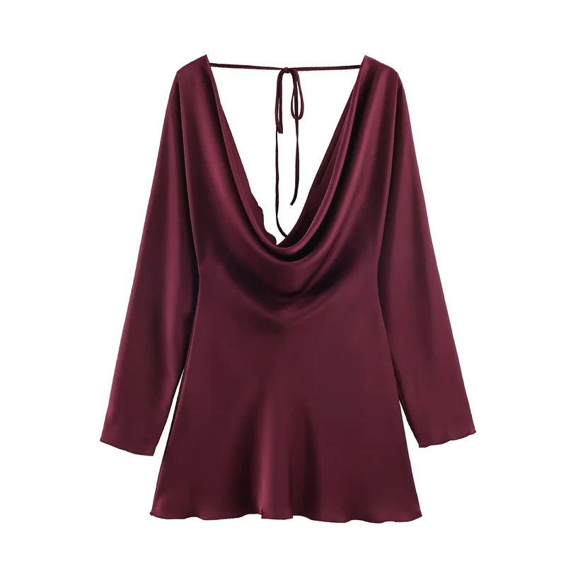 Damen Kurzes Satin-Minikleid mit tiefem Wasserfall‑Rücken, V‑Ausschnitt vorne und langen Ärmeln Drune