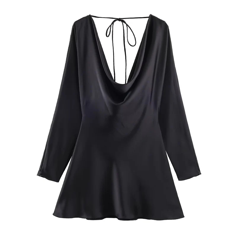 Damen Kurzes Satin-Minikleid mit tiefem Wasserfall‑Rücken, V‑Ausschnitt vorne und langen Ärmeln Drune