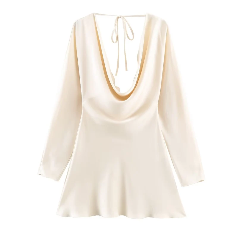 Damen Kurzes Satin-Minikleid mit tiefem Wasserfall‑Rücken, V‑Ausschnitt vorne und langen Ärmeln Drune
