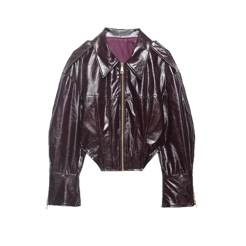 Damen kurzes glänzendes Biker-Blouson in Lederoptik mit betonter Schulterpartie Drune