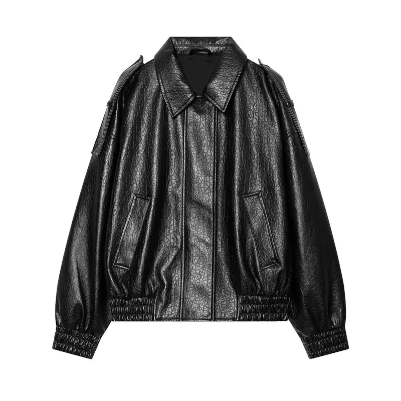 Damen Kurzes glänzendes Biker-Blouson aus veganer Lederoptik mit Ballonärmeln Drune