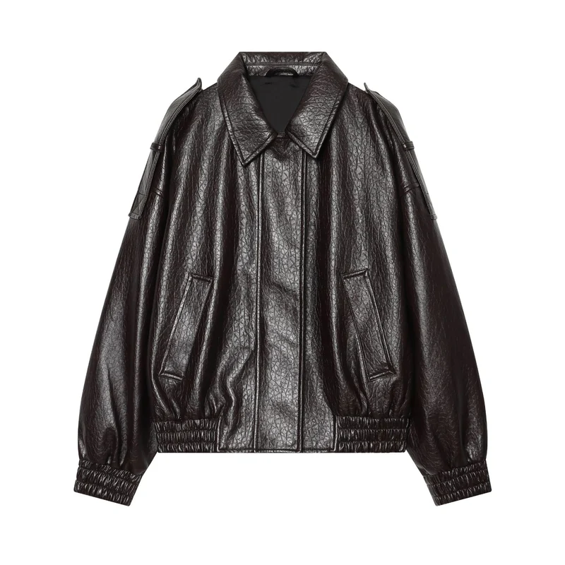 Damen Kurzes glänzendes Biker-Blouson aus veganer Lederoptik mit Ballonärmeln Drune