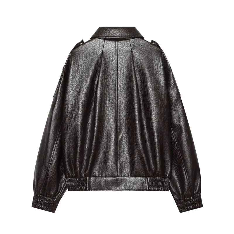 Damen Kurzes glänzendes Biker-Blouson aus veganer Lederoptik mit Ballonärmeln Drune