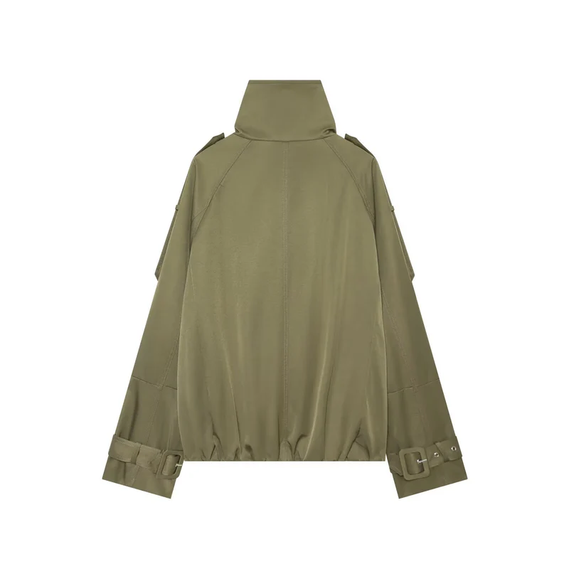 Damen Kurzes Doppelreiher‑Cape‑Trench mit hohem Funnelkragen und Ärmelriemen Drune