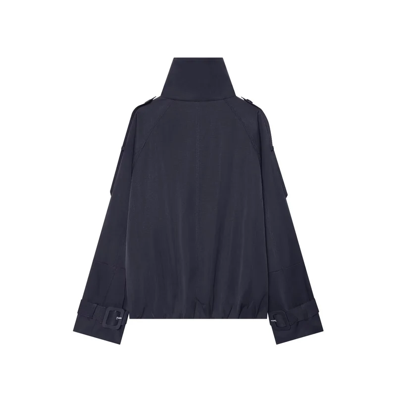 Damen Kurzes Doppelreiher‑Cape‑Trench mit hohem Funnelkragen und Ärmelriemen Drune