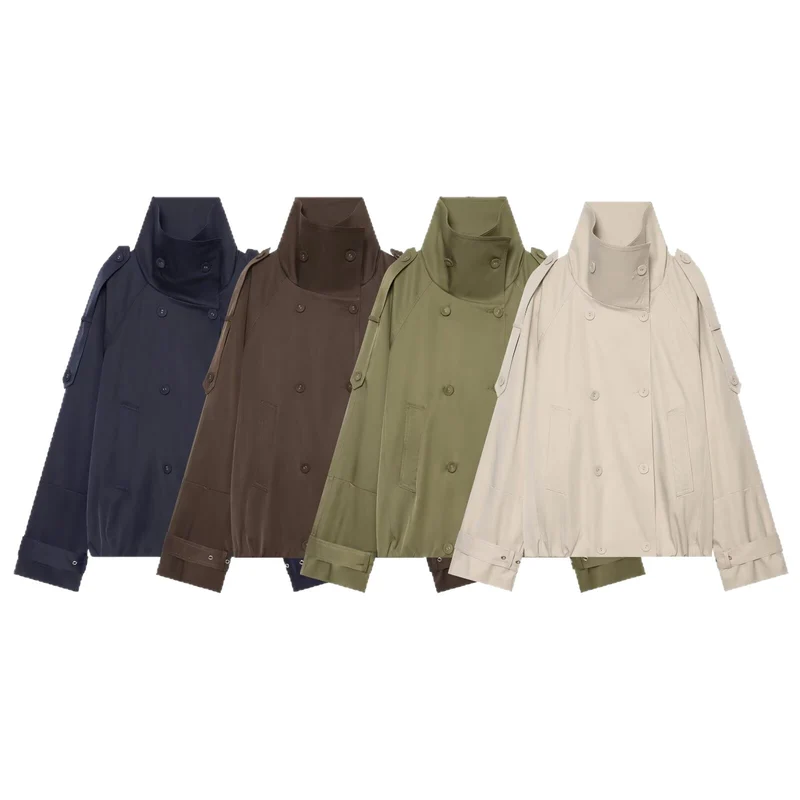 Damen Kurzes Doppelreiher‑Cape‑Trench mit hohem Funnelkragen und Ärmelriemen Drune