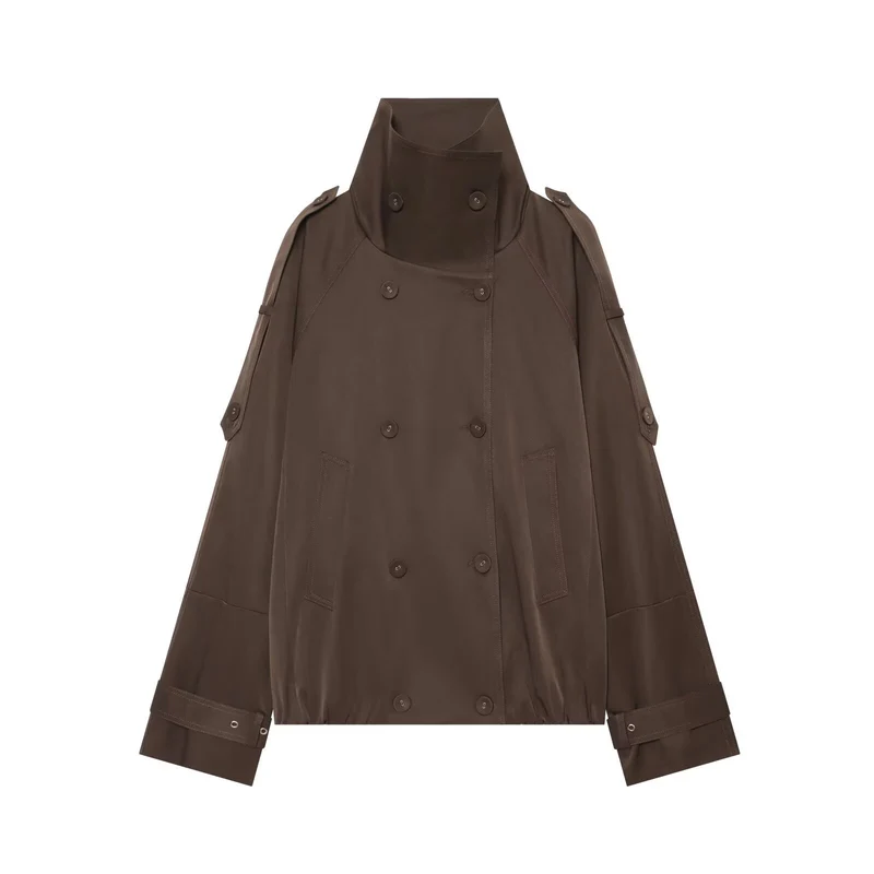 Damen Kurzes Doppelreiher‑Cape‑Trench mit hohem Funnelkragen und Ärmelriemen Drune