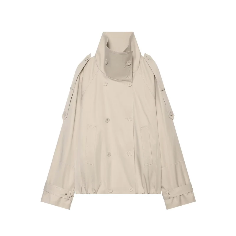 Damen Kurzes Doppelreiher‑Cape‑Trench mit hohem Funnelkragen und Ärmelriemen Drune