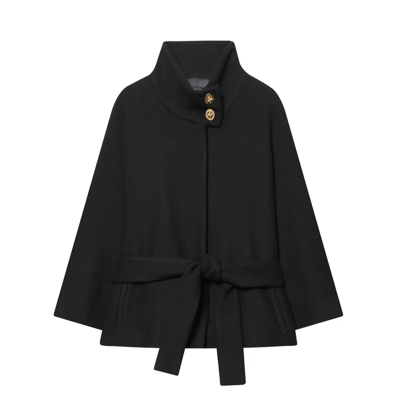 Damen Kurzes Cape‑Mantel mit Stehkragen, Taillengürtel und Zierknöpfen Drune