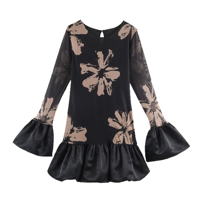 Damen Kurzes A-Linien-Kleid mit Blumenprint, transparenten Trompetenärmeln und Satinvolant Drune