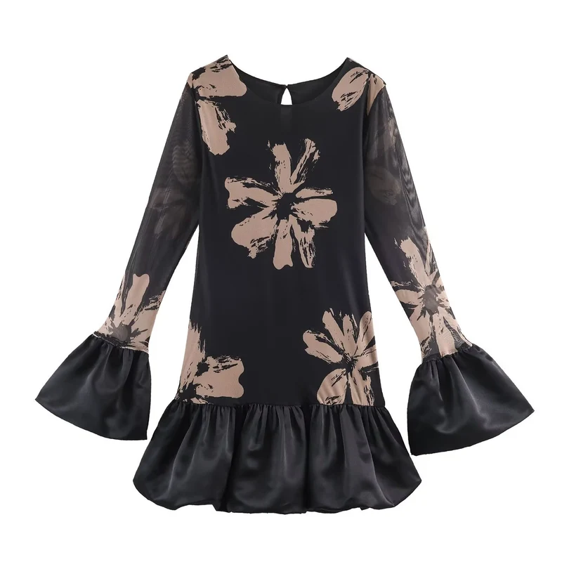 Damen Kurzes A-Linien-Kleid mit Blumenprint, transparenten Trompetenärmeln und Satinvolant Drune