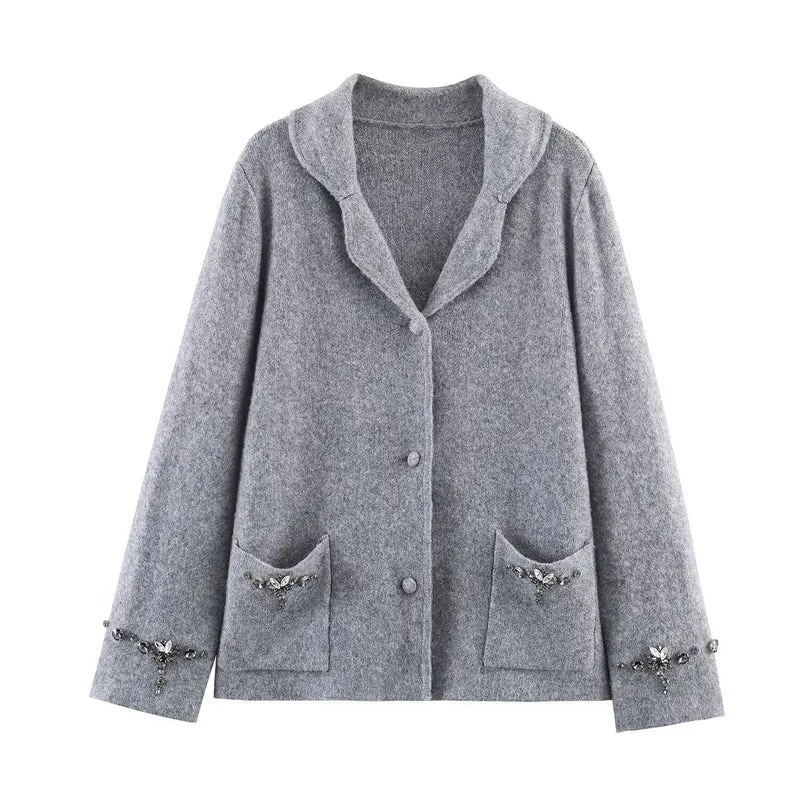 Damen Kurzer Wollmix-Cardigan-Mantel mit Schalkragen und Schmucksteinapplikationen Drune
