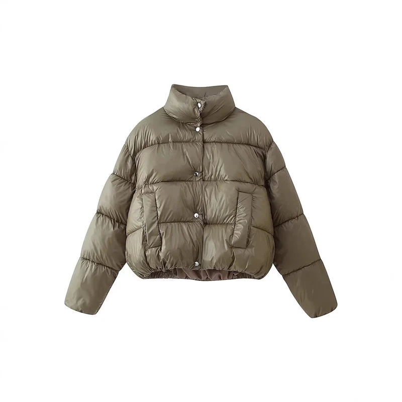 Damen Kurzer wattierter Boxy-Parka mit hohem Stehkragen und Druckknöpfen Drune