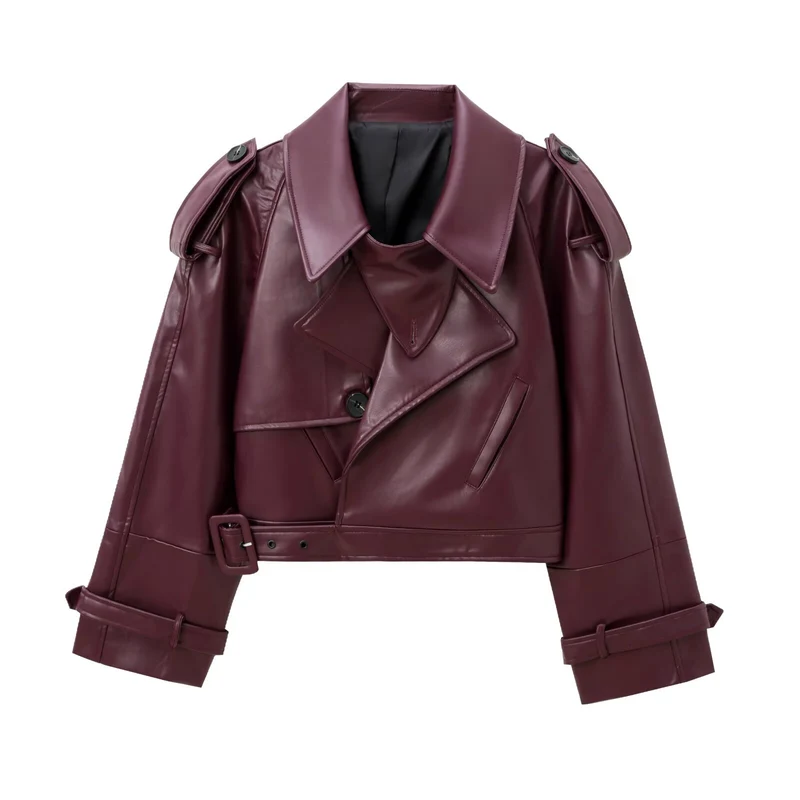 Damen Kurzer Trench-Mantel mit Taillengürtel und Schulterklappen aus veganem Leder Drune