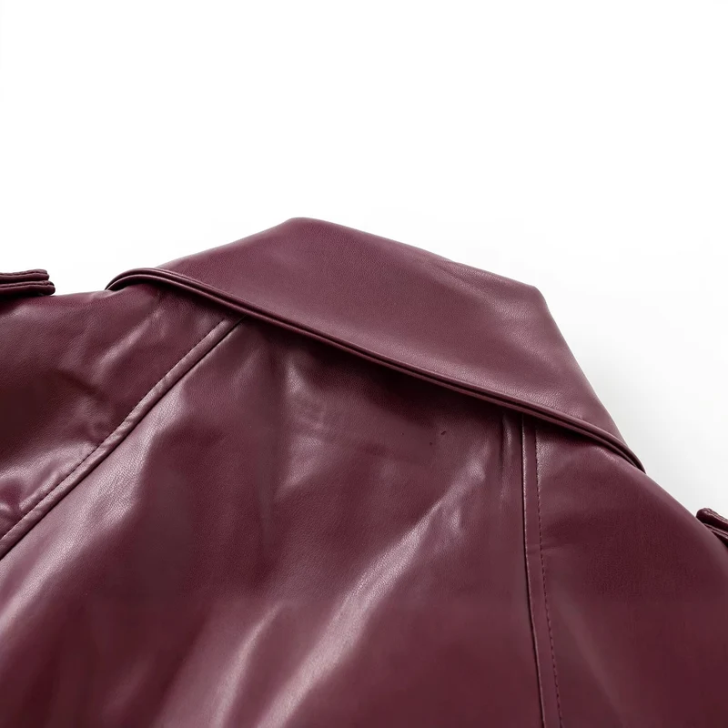 Damen Kurzer Trench-Mantel mit Taillengürtel und Schulterklappen aus veganem Leder Drune