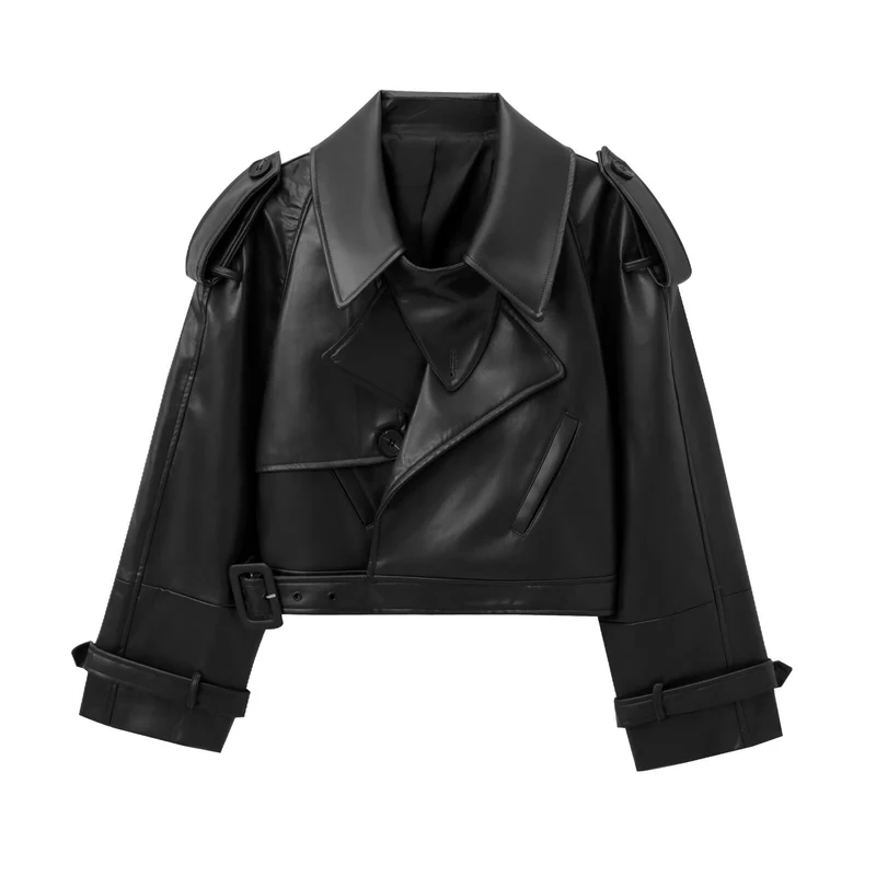 Damen Kurzer Trench-Mantel mit Taillengürtel und Schulterklappen aus veganem Leder Drune