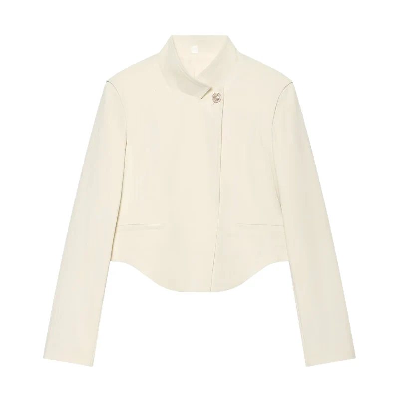 Damen Kurzer taillierter Blazer mit Stehkragen, asymmetrischer Knopfleiste und geschwungenem Saum Drune
