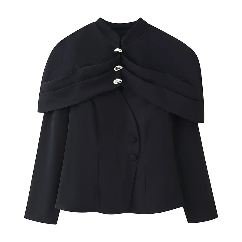Damen Kurzer Taillierter Blazer mit Cape-Überwurf und Stehkragen Drune