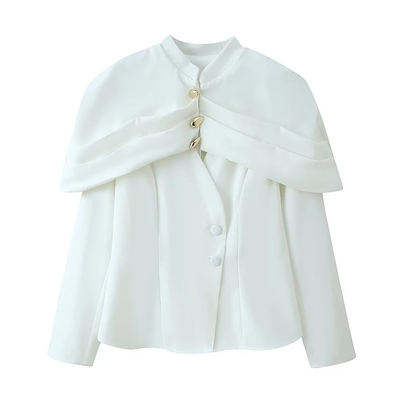 Damen Kurzer Taillierter Blazer mit Cape-Überwurf und Stehkragen Drune