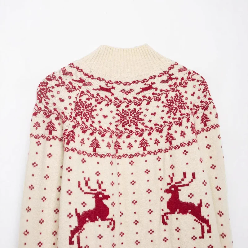 Damen kurzer Norwegerstrickpullover mit hohem Rippkragen und Rentiermotiv Drune