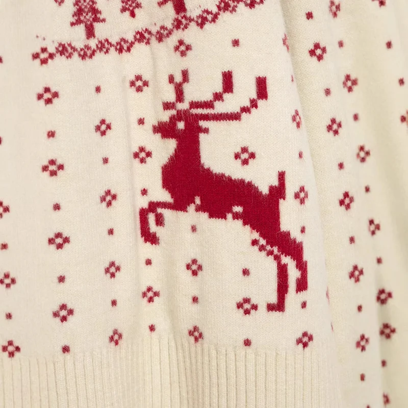 Damen kurzer Norwegerstrickpullover mit hohem Rippkragen und Rentiermotiv Drune