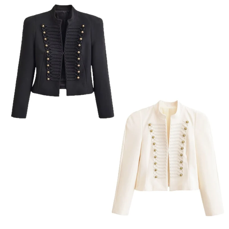 Damen Kurzer Military‑Blazer im Cropped‑Schnitt mit Zierkordeln und Stehkragen Drune