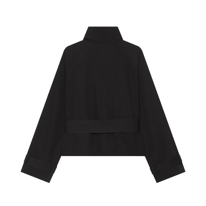 Damen Kurzer doppeltreihiger Trench‑Cape mit Schulterklappen und Taillengürtel Drune