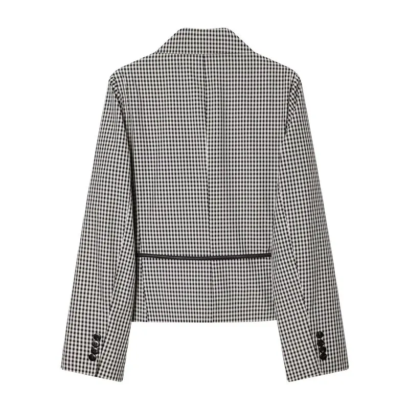 Damen Kurzer Doppelreihiger Blazer mit Vichy-Karo und taillierendem Kordelgürtel Drune