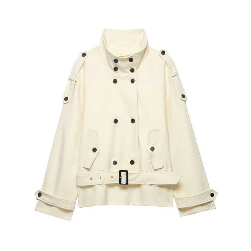 Damen Kurzer Doppelreiher-Mantel mit Cape-Ärmeln und Taillengürtel Drune