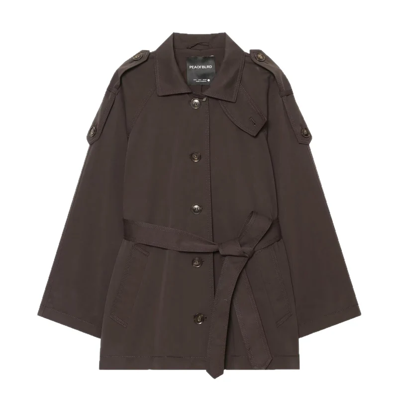Damen Kurzer Cape‑Trench mit Bindegürtel und Epauletten Drune