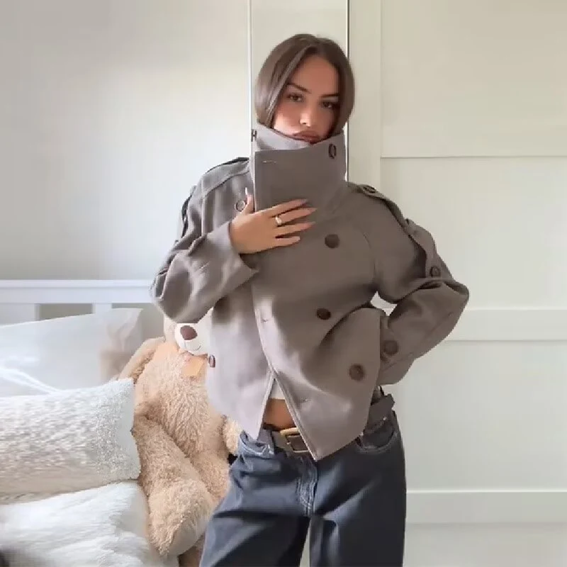 Damen Kurzer Cape-ähnlicher Wollmix-Peacoat mit hohem Funnelkragen und Raglanärmeln Drune