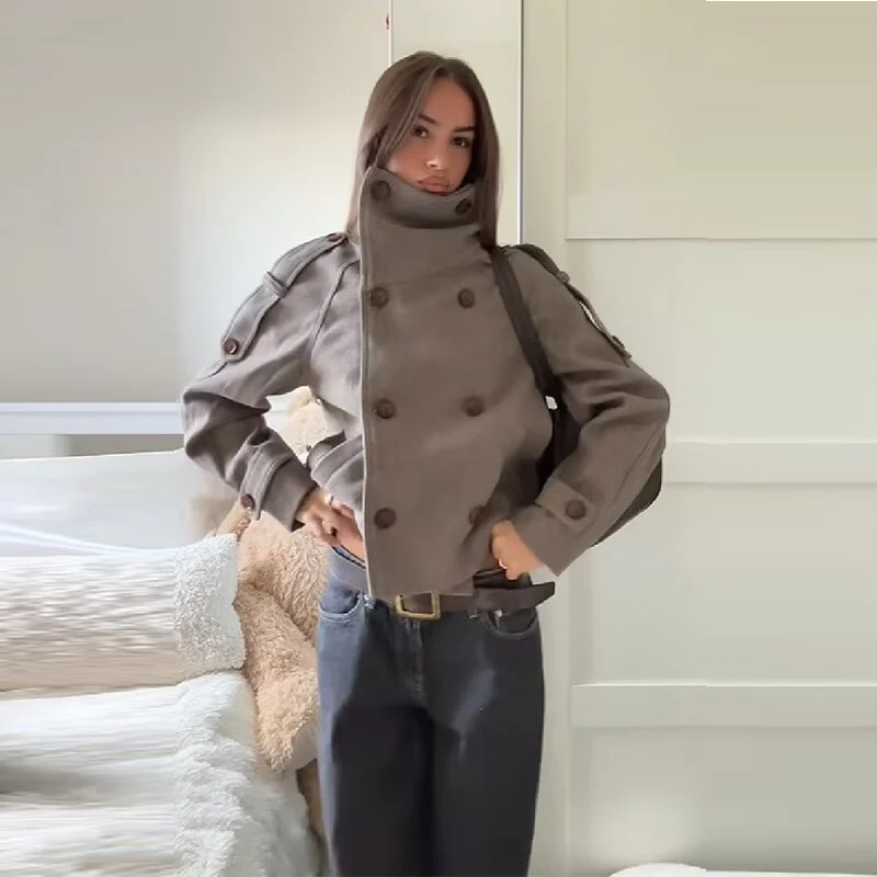 Damen Kurzer Cape-ähnlicher Wollmix-Peacoat mit hohem Funnelkragen und Raglanärmeln Drune