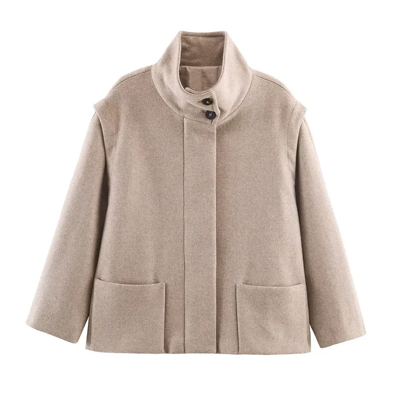 Damen Kurzer Boxy-Wollmix-Mantel mit hohem Stehkragen und verdeckter Knopfleiste Drune