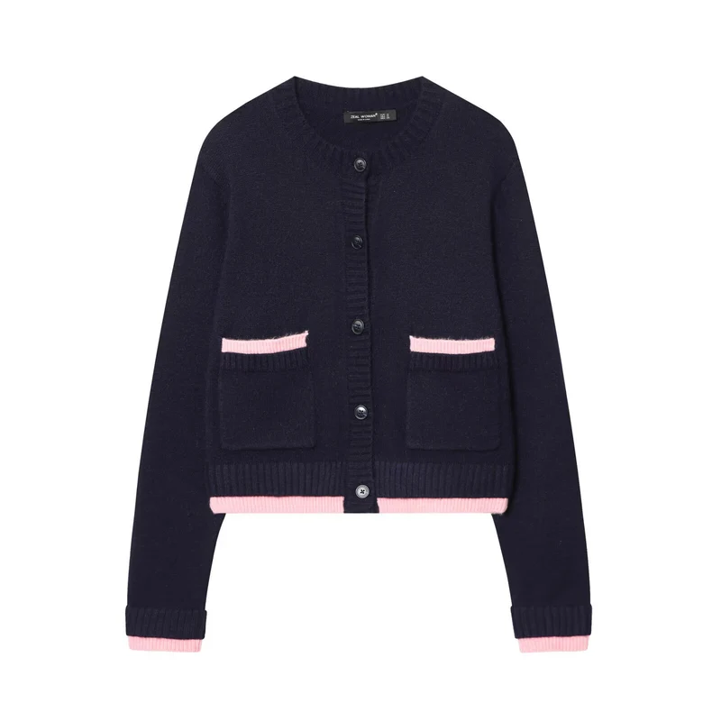 Damen Kurzer Boxy-Strickcardigan mit aufgesetzten Taschen und kontrastierenden Bündchen Drune